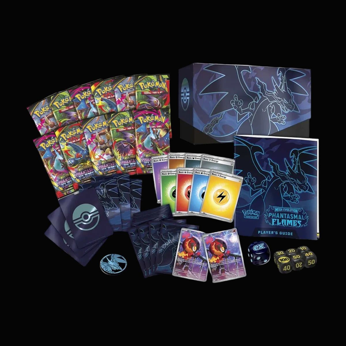 Pokémon TCG: Mega Evolution-Phantasmal Flames Elite Trainer Box. Inside