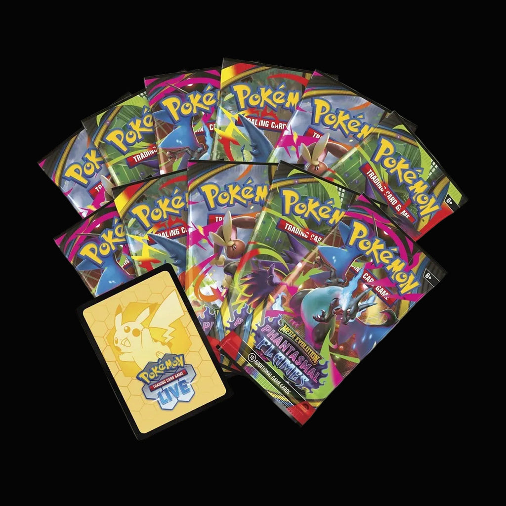 Pokémon TCG: Mega Evolution-Phantasmal Flames Elite Trainer Box. Inside card packs